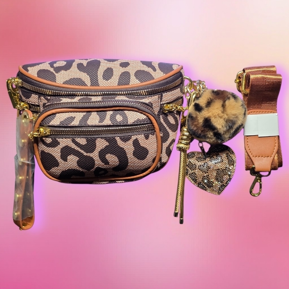 Leopard Print Crossbody/Fanny Pack Bag with 3 Charm Accessories
